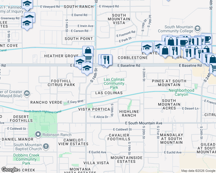 map of restaurants, bars, coffee shops, grocery stores, and more near 1718 East Harwell Road in Phoenix