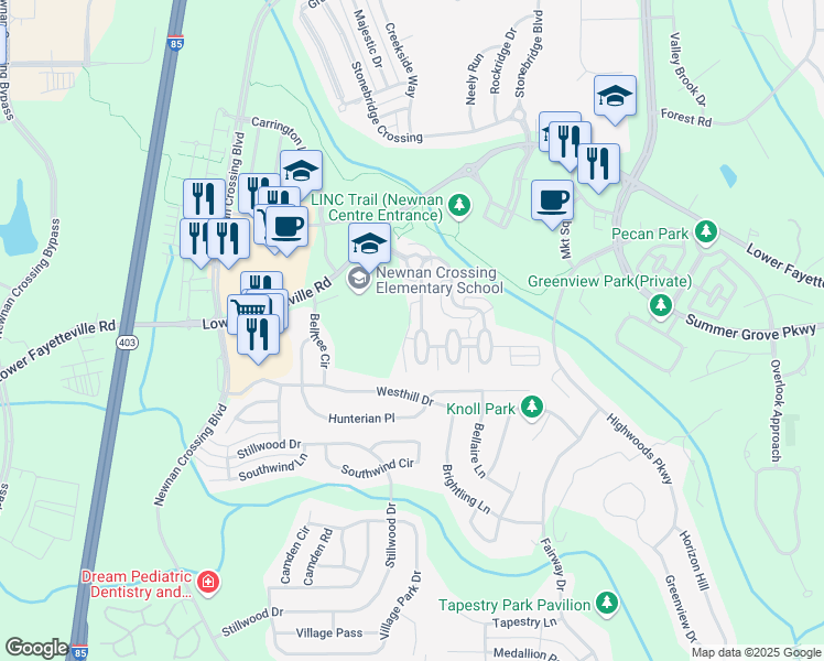 map of restaurants, bars, coffee shops, grocery stores, and more near 99 Harrison Drive in Newnan