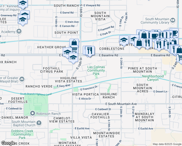 map of restaurants, bars, coffee shops, grocery stores, and more near 1718 East Harwell Road in Phoenix