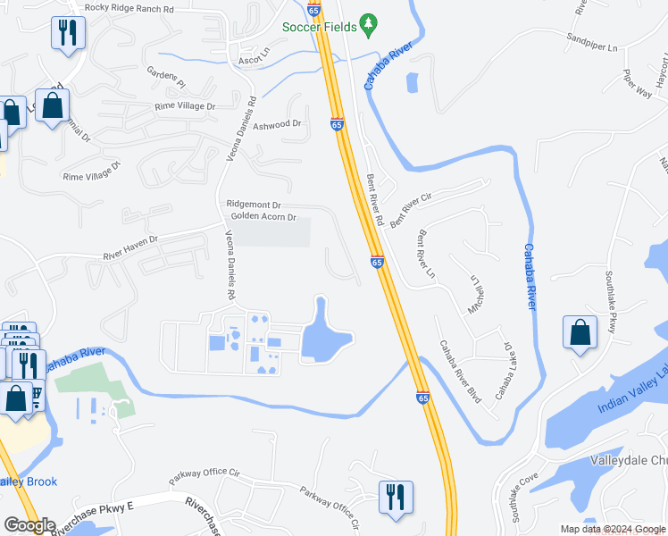 map of restaurants, bars, coffee shops, grocery stores, and more near 4353 Ridgemont Circle in Birmingham