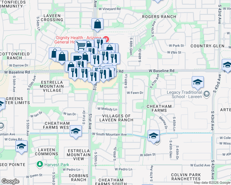 map of restaurants, bars, coffee shops, grocery stores, and more near 4922 West Fawn Drive in Phoenix