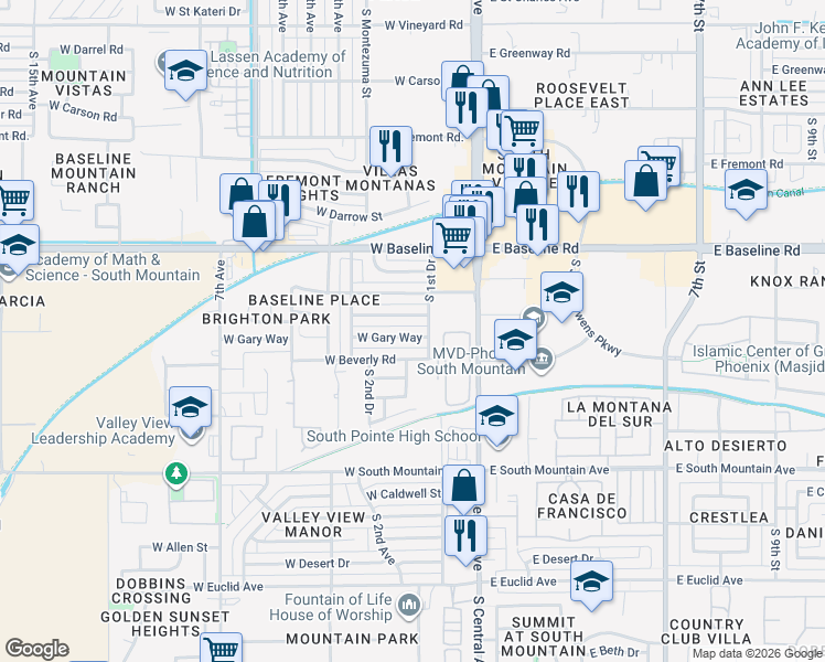 map of restaurants, bars, coffee shops, grocery stores, and more near 106 West Gary Way in Phoenix