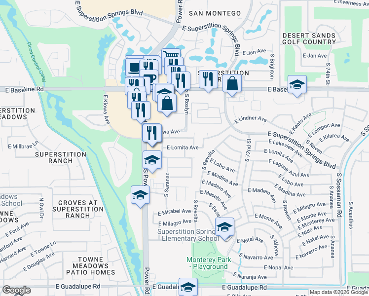 map of restaurants, bars, coffee shops, grocery stores, and more near 2419 South Roslyn in Mesa
