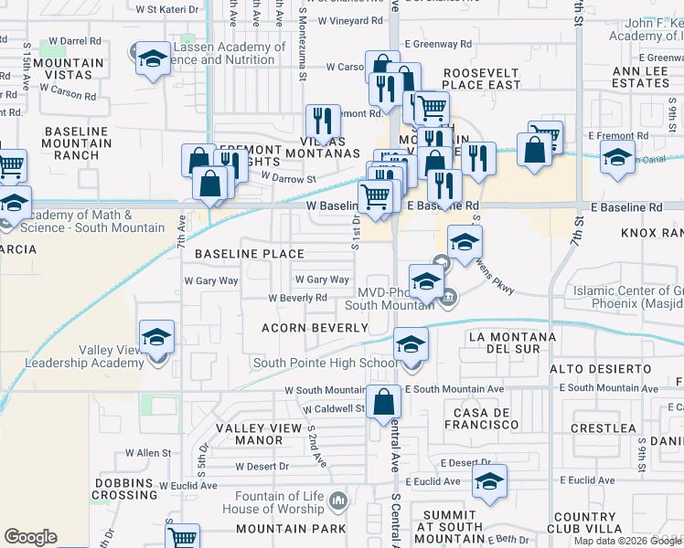 map of restaurants, bars, coffee shops, grocery stores, and more near 112 West Gary Way in Phoenix