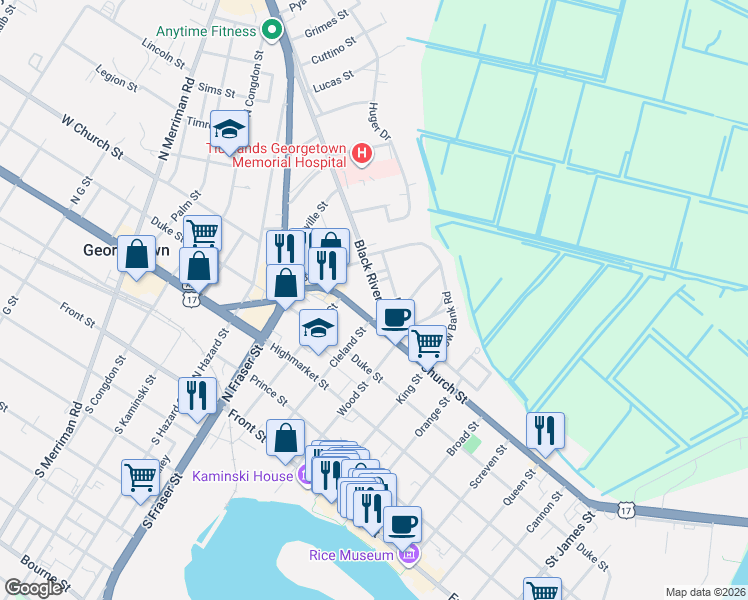 map of restaurants, bars, coffee shops, grocery stores, and more near 523 Black River Road in Georgetown