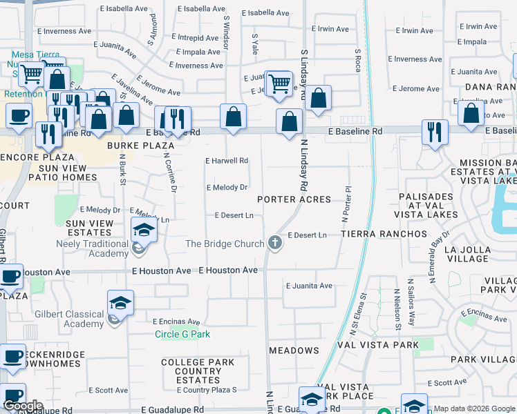 map of restaurants, bars, coffee shops, grocery stores, and more near 650 East Desert Lane in Gilbert