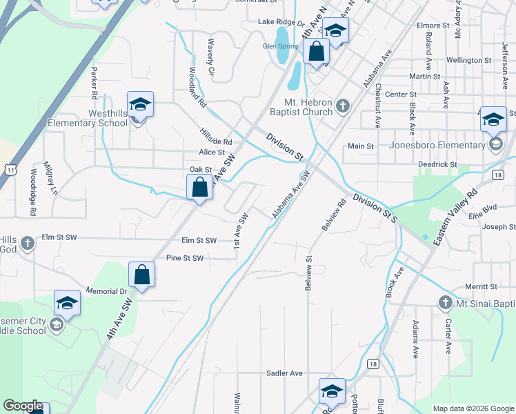map of restaurants, bars, coffee shops, grocery stores, and more near 343 1st Avenue Southwest in Bessemer