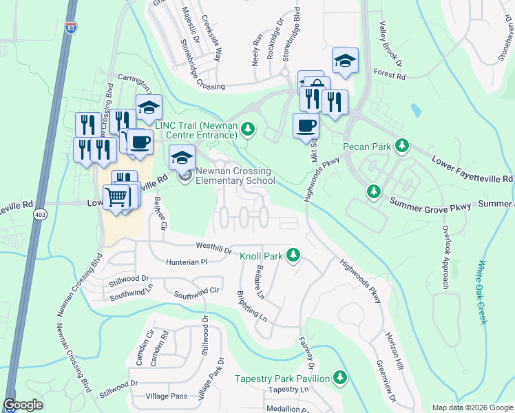 map of restaurants, bars, coffee shops, grocery stores, and more near 135 Macalester Drive in Newnan