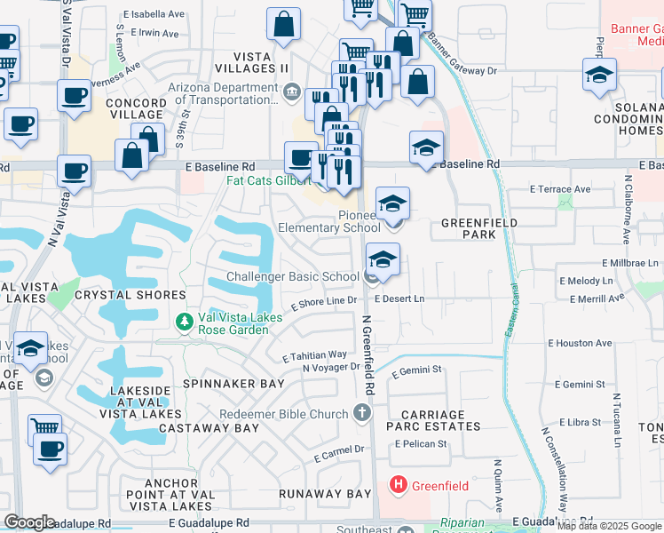 map of restaurants, bars, coffee shops, grocery stores, and more near 2306 East Millbrae Court in Gilbert
