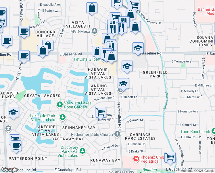 map of restaurants, bars, coffee shops, grocery stores, and more near 2306 East Millbrae Court in Gilbert