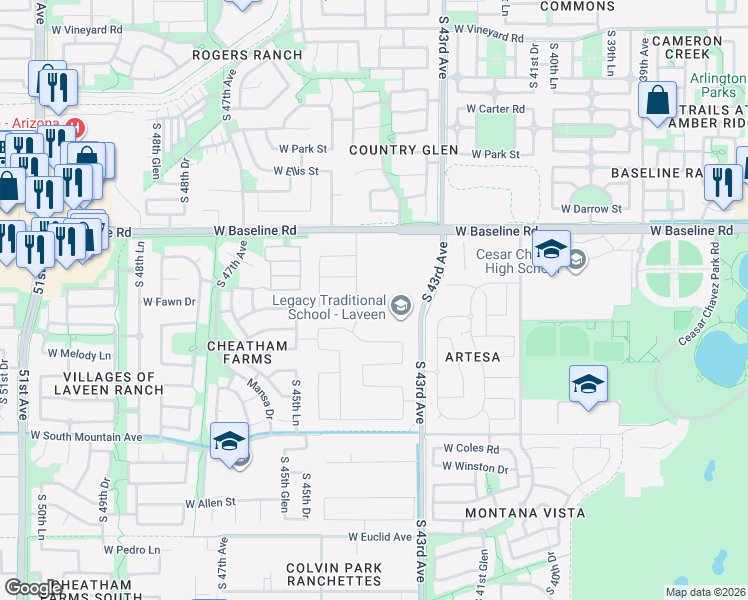 map of restaurants, bars, coffee shops, grocery stores, and more near 7900 South 43rd Avenue in Phoenix