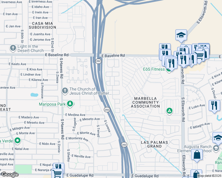 map of restaurants, bars, coffee shops, grocery stores, and more near 2214 South Barrington in Mesa