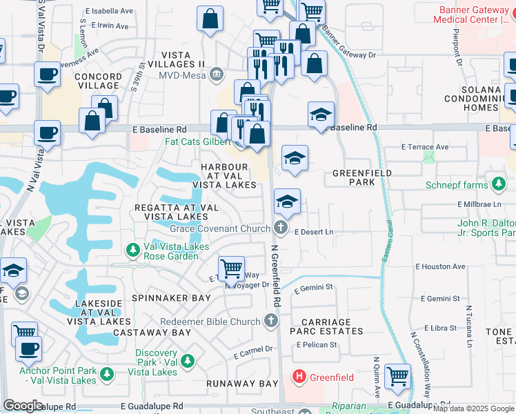 map of restaurants, bars, coffee shops, grocery stores, and more near 2306 East Millbrae Court in Gilbert