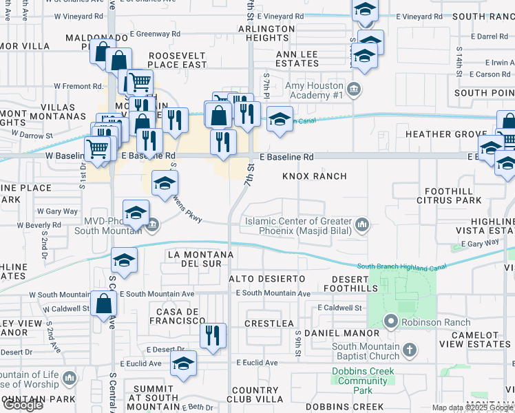 map of restaurants, bars, coffee shops, grocery stores, and more near 809 Constance Way in Phoenix