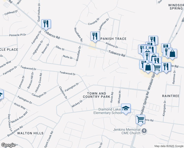 map of restaurants, bars, coffee shops, grocery stores, and more near 3716 Teakwood Court in Hephzibah