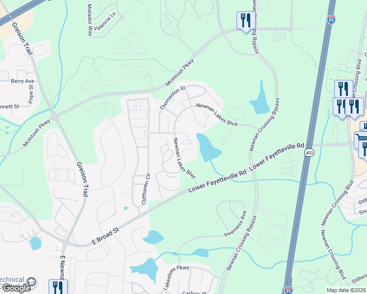 map of restaurants, bars, coffee shops, grocery stores, and more near 233 Merritt Circle in Newnan