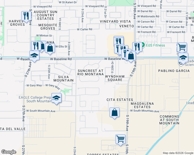 map of restaurants, bars, coffee shops, grocery stores, and more near 7808 South 21st Drive in Phoenix