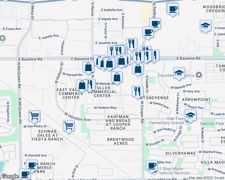 map of restaurants, bars, coffee shops, grocery stores, and more near 1389 North Leland Court in Gilbert
