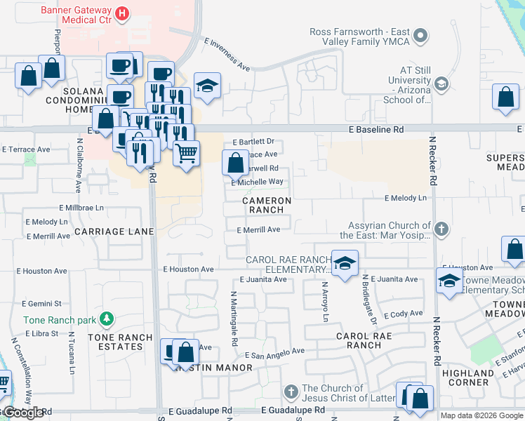 map of restaurants, bars, coffee shops, grocery stores, and more near 3514 East Gary Way in Gilbert