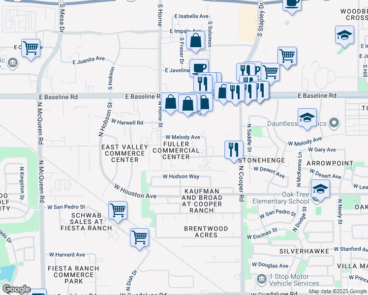 map of restaurants, bars, coffee shops, grocery stores, and more near 1389 North Leland Court in Gilbert