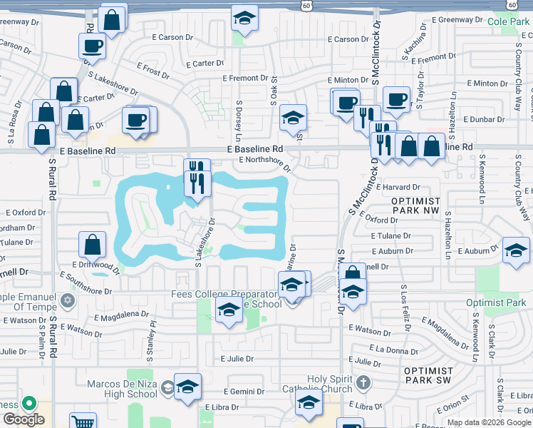 map of restaurants, bars, coffee shops, grocery stores, and more near 1318 East Commodore Place in Tempe