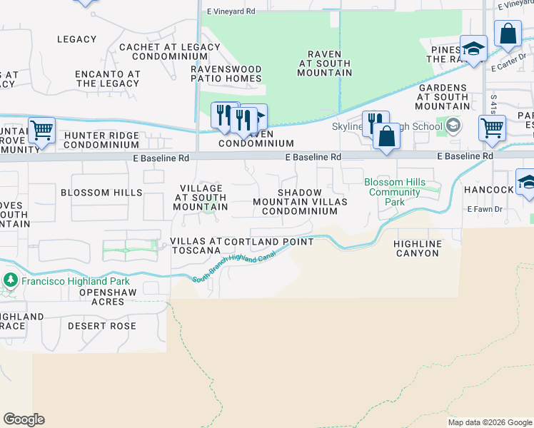 map of restaurants, bars, coffee shops, grocery stores, and more near 3428 East Harwell Road in Phoenix