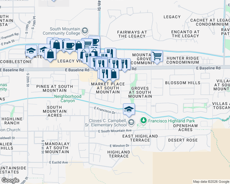 map of restaurants, bars, coffee shops, grocery stores, and more near 7830 South 26th Street in Phoenix