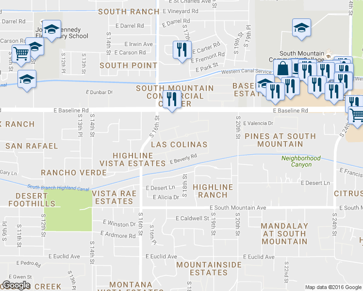 map of restaurants, bars, coffee shops, grocery stores, and more near 1718 East Harwell Road in Phoenix