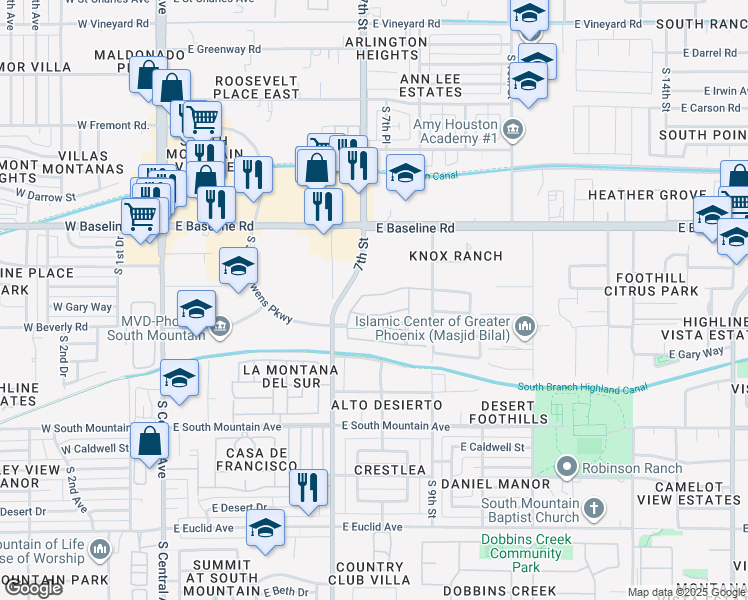 map of restaurants, bars, coffee shops, grocery stores, and more near 809 Constance Way in Phoenix