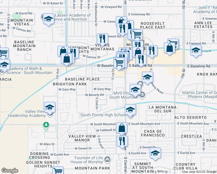 map of restaurants, bars, coffee shops, grocery stores, and more near 106 West Gary Way in Phoenix