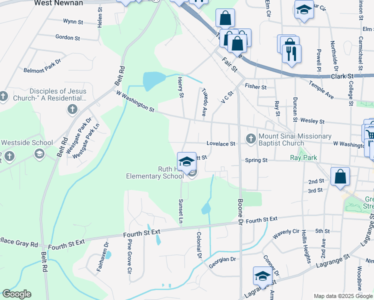 map of restaurants, bars, coffee shops, grocery stores, and more near 83 Sunset Lane in Newnan