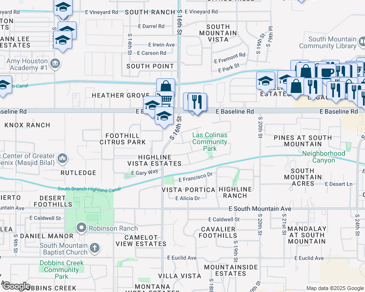 map of restaurants, bars, coffee shops, grocery stores, and more near 1625 East Beautiful Lane in Phoenix