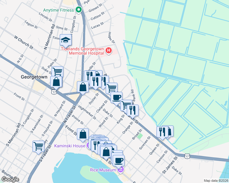 map of restaurants, bars, coffee shops, grocery stores, and more near 603 Magnolia Drive in Georgetown