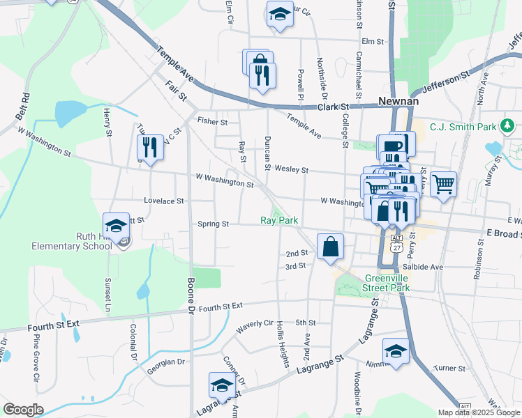 map of restaurants, bars, coffee shops, grocery stores, and more near 110R Spring Street in Newnan