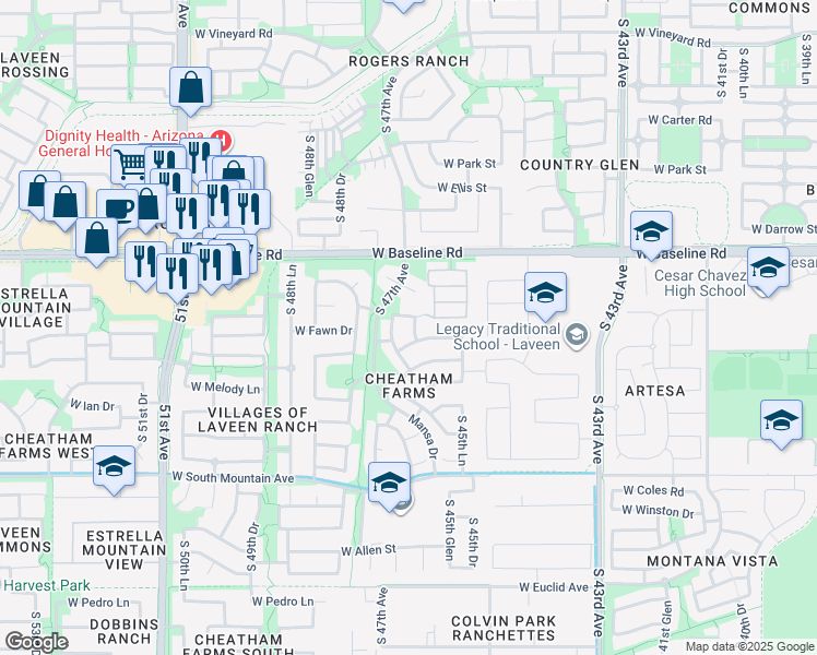 map of restaurants, bars, coffee shops, grocery stores, and more near 7814 South 46th Drive in Phoenix