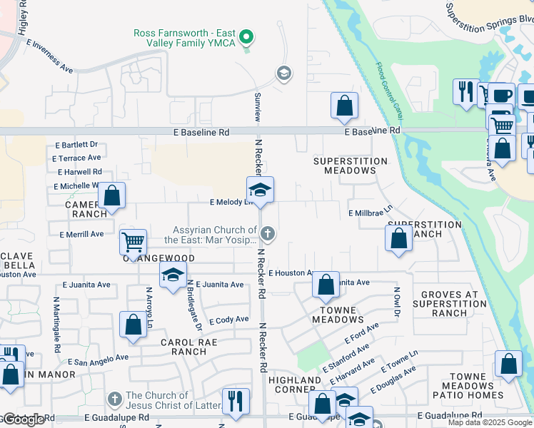 map of restaurants, bars, coffee shops, grocery stores, and more near 1365 North Recker Road in Gilbert