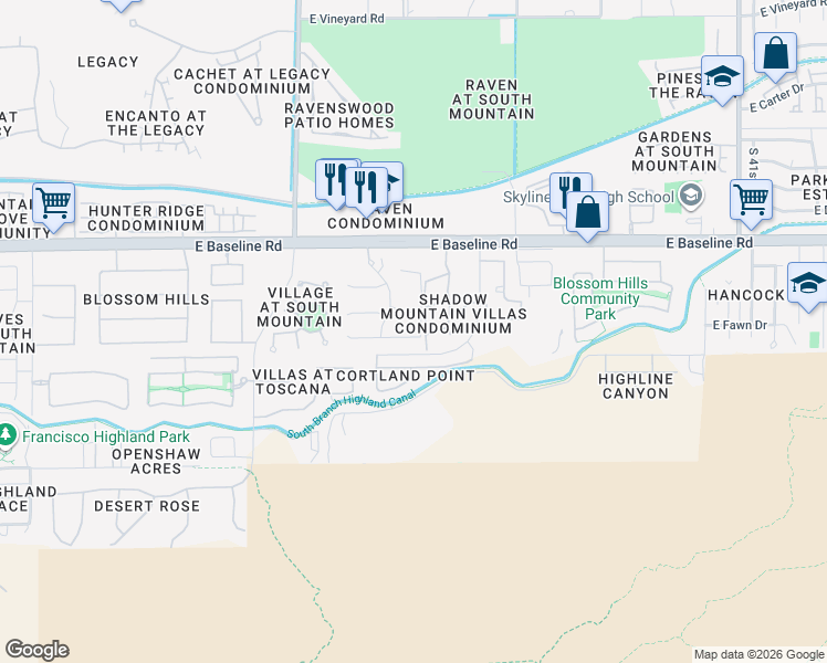 map of restaurants, bars, coffee shops, grocery stores, and more near 3428 East Harwell Road in Phoenix