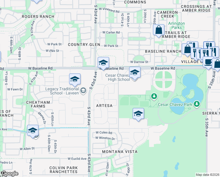 map of restaurants, bars, coffee shops, grocery stores, and more near 7907 South 41st Lane in Phoenix