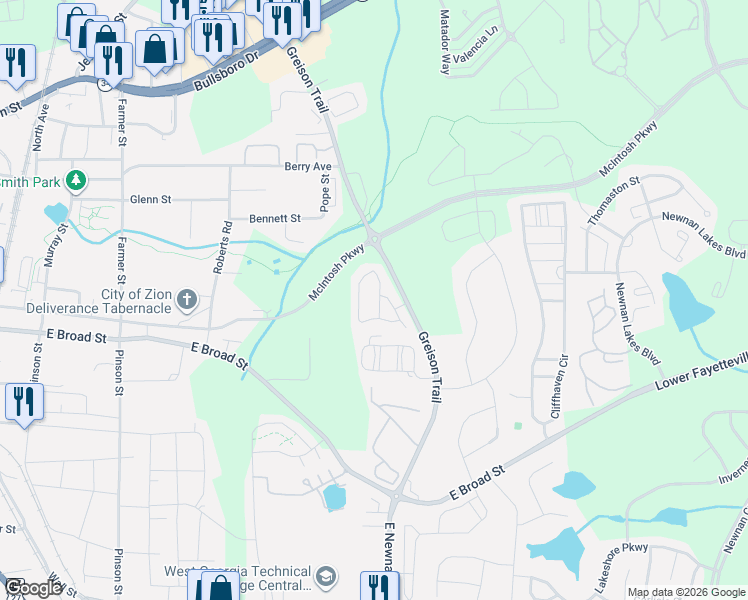 map of restaurants, bars, coffee shops, grocery stores, and more near 134 Chastain Way in Newnan