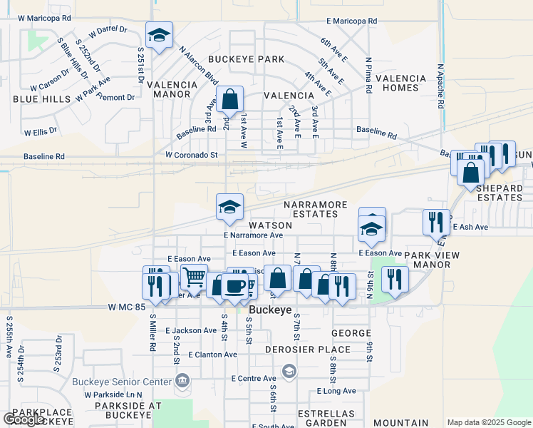 map of restaurants, bars, coffee shops, grocery stores, and more near 510 East Arizona Avenue in Buckeye