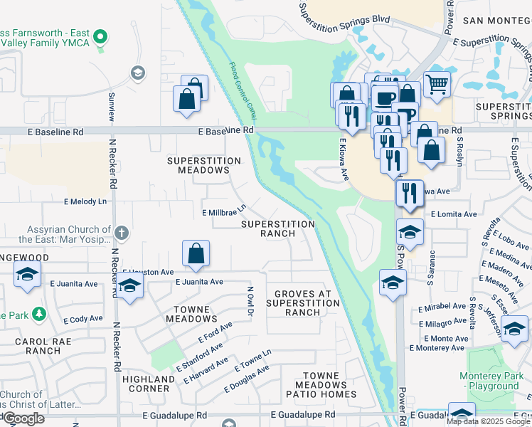 map of restaurants, bars, coffee shops, grocery stores, and more near 4450 E Desert Ln in Gilbert