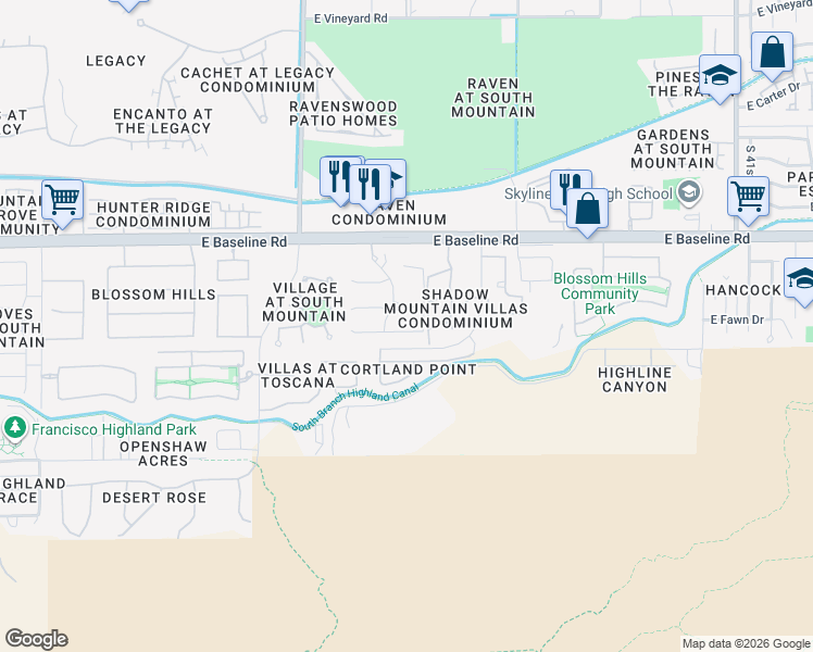 map of restaurants, bars, coffee shops, grocery stores, and more near 3428 East Harwell Road in Phoenix