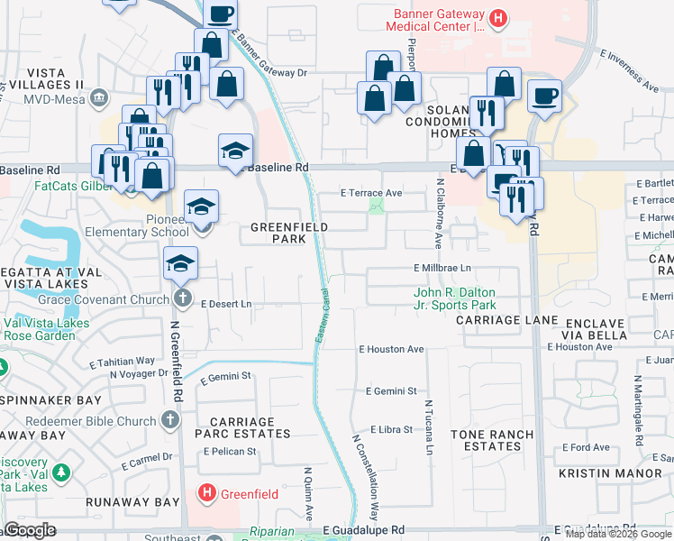 map of restaurants, bars, coffee shops, grocery stores, and more near 1384 North Constellation Way in Gilbert