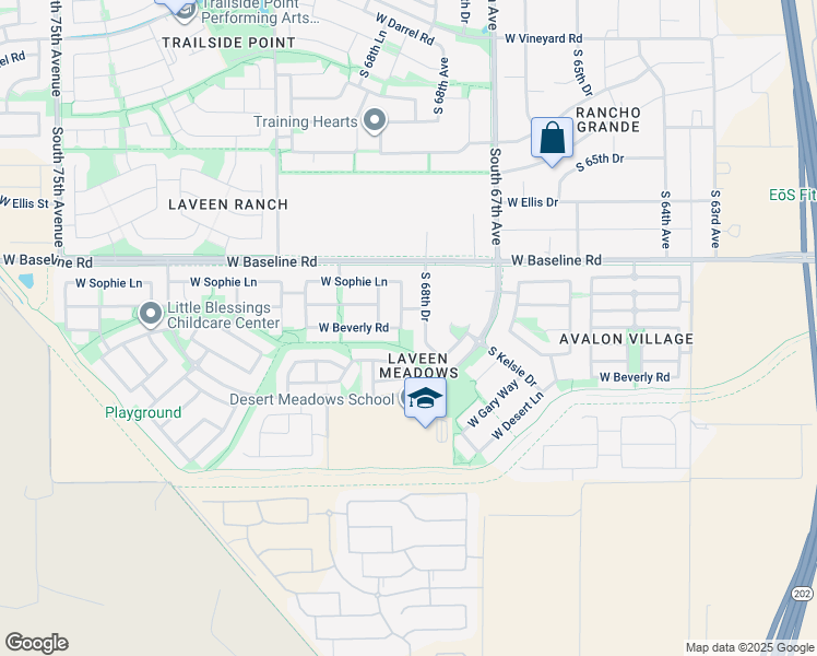map of restaurants, bars, coffee shops, grocery stores, and more near 7725 S 69th Dr in Phoenix