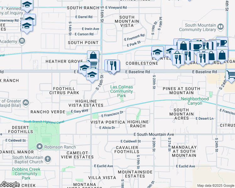 map of restaurants, bars, coffee shops, grocery stores, and more near 1718 East Harwell Road in Phoenix