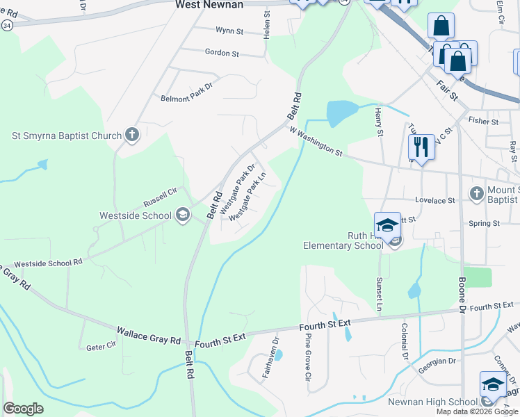 map of restaurants, bars, coffee shops, grocery stores, and more near 8 Midland Park Court in Newnan
