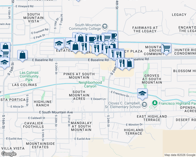 map of restaurants, bars, coffee shops, grocery stores, and more near 2318 East Harwell Road in Phoenix