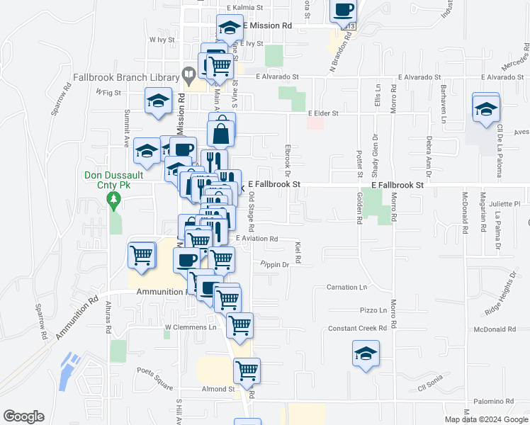map of restaurants, bars, coffee shops, grocery stores, and more near 351 Old Stage Court in Fallbrook