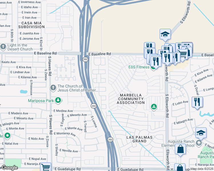 map of restaurants, bars, coffee shops, grocery stores, and more near 8758 East Lakeview Avenue in Mesa