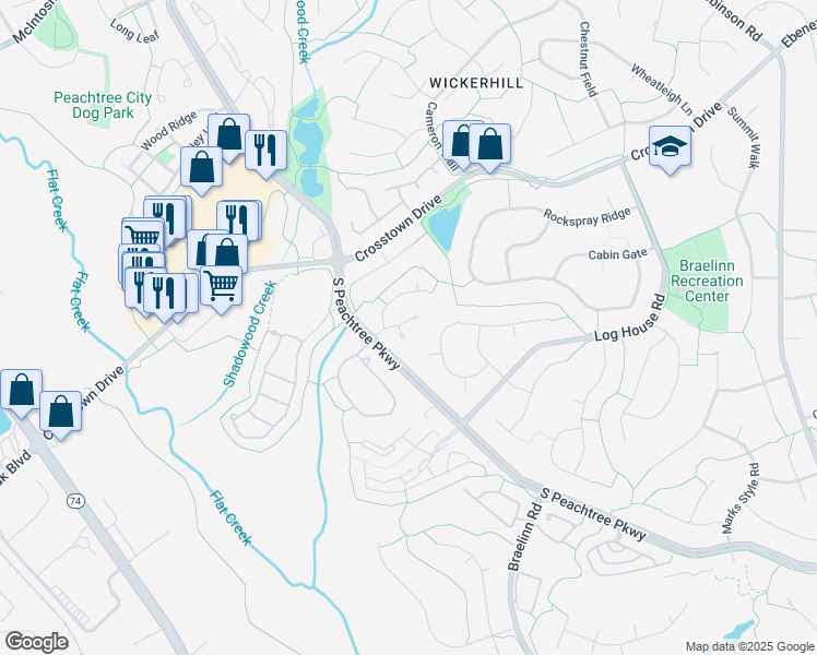 map of restaurants, bars, coffee shops, grocery stores, and more near 32 Prestwick Court in Peachtree City